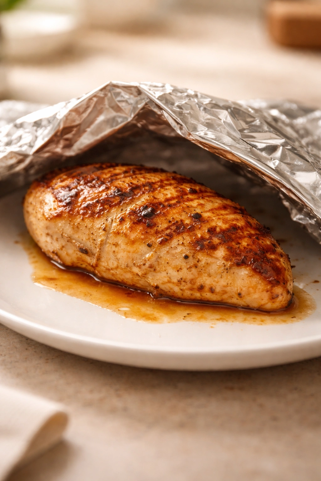 Juicy chicken breast resting on a plate with loose foil