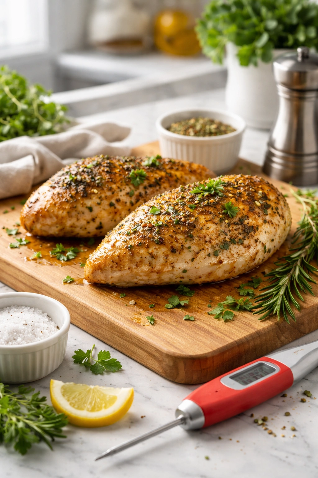 Resting chicken breast with herbs and kitchen tools nearby