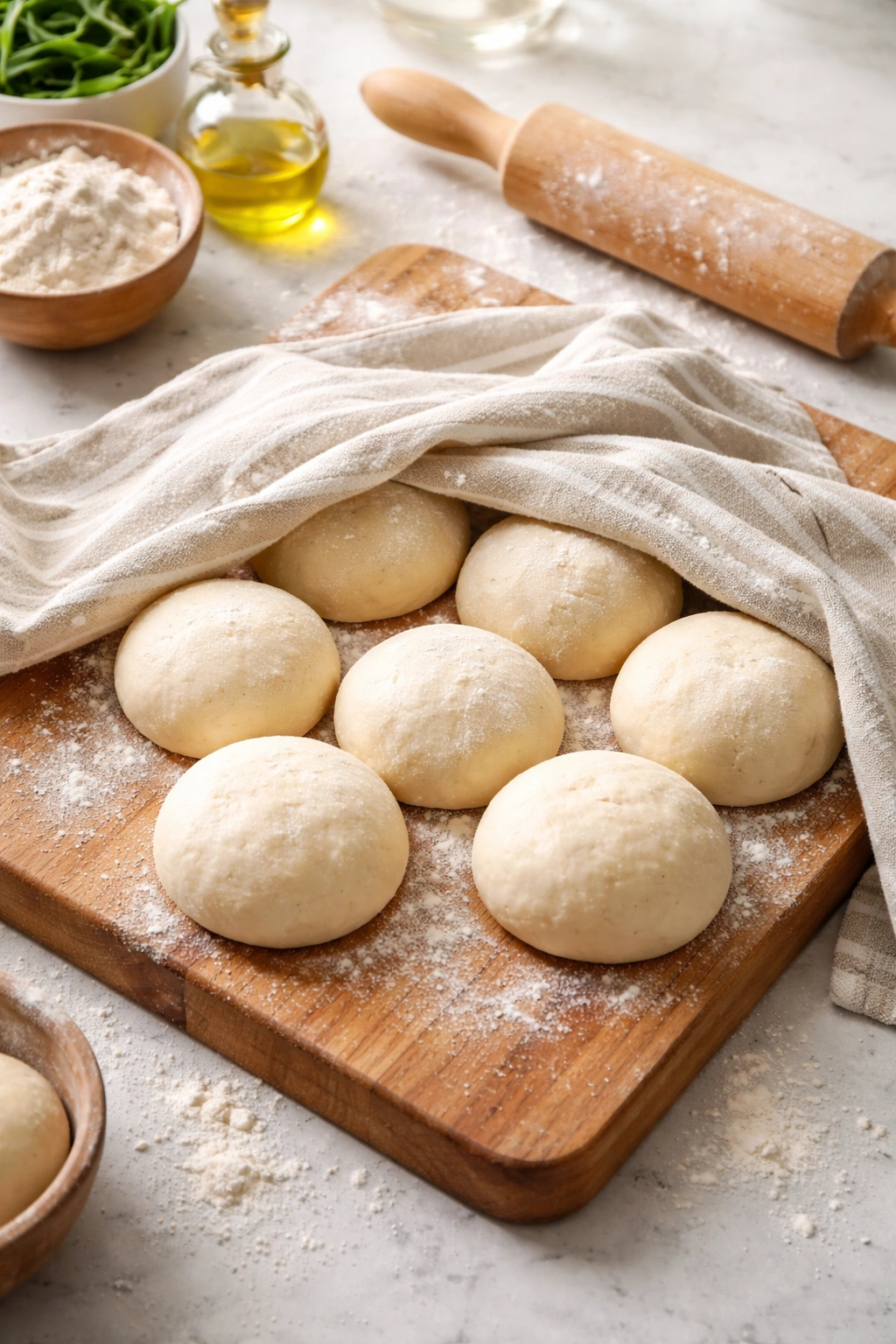 Multiple dough balls resting under a towel on a wooden board