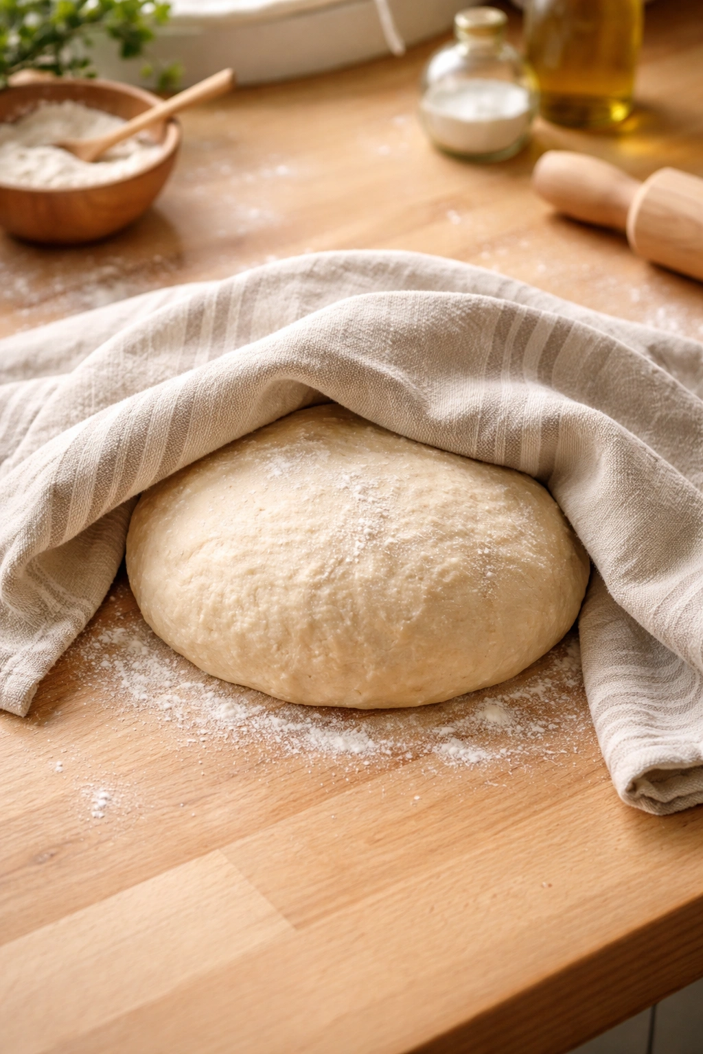 Dough resting under a towel on a wooden counter