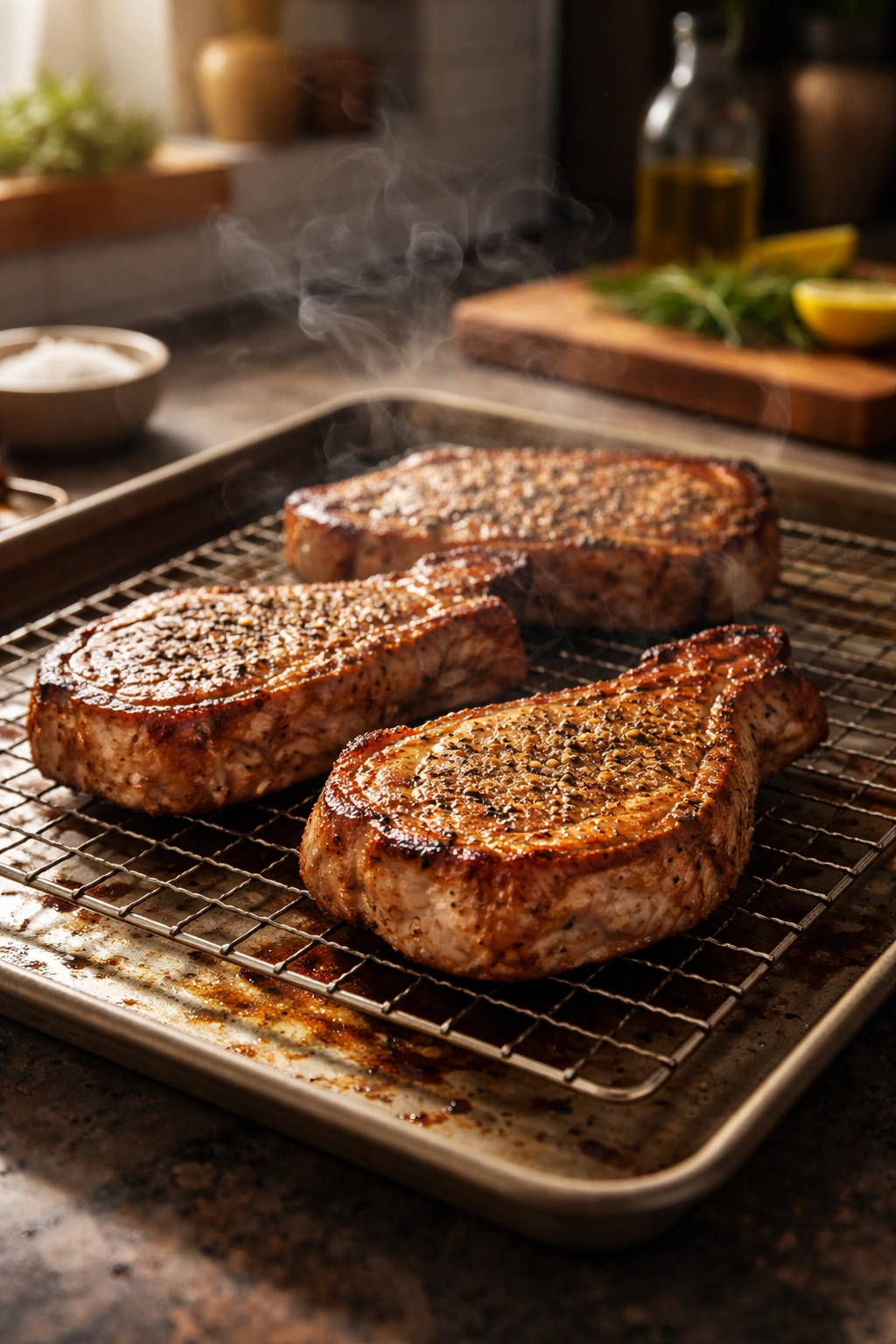 Pork chops resting on a rack with steam rising in a calm kitchen
