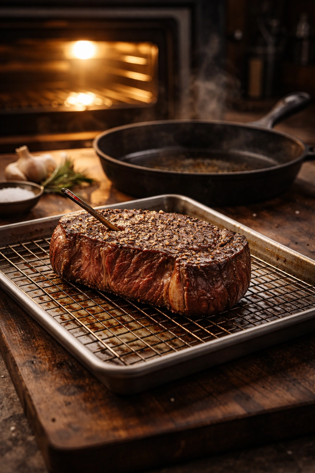 Thick steak on rack with cast-iron skillet and oven glow illustrating reverse sear technique