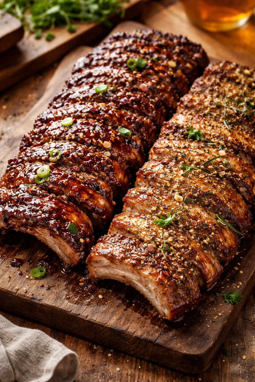 Rib rack showing two glaze tones to illustrate flavor variations