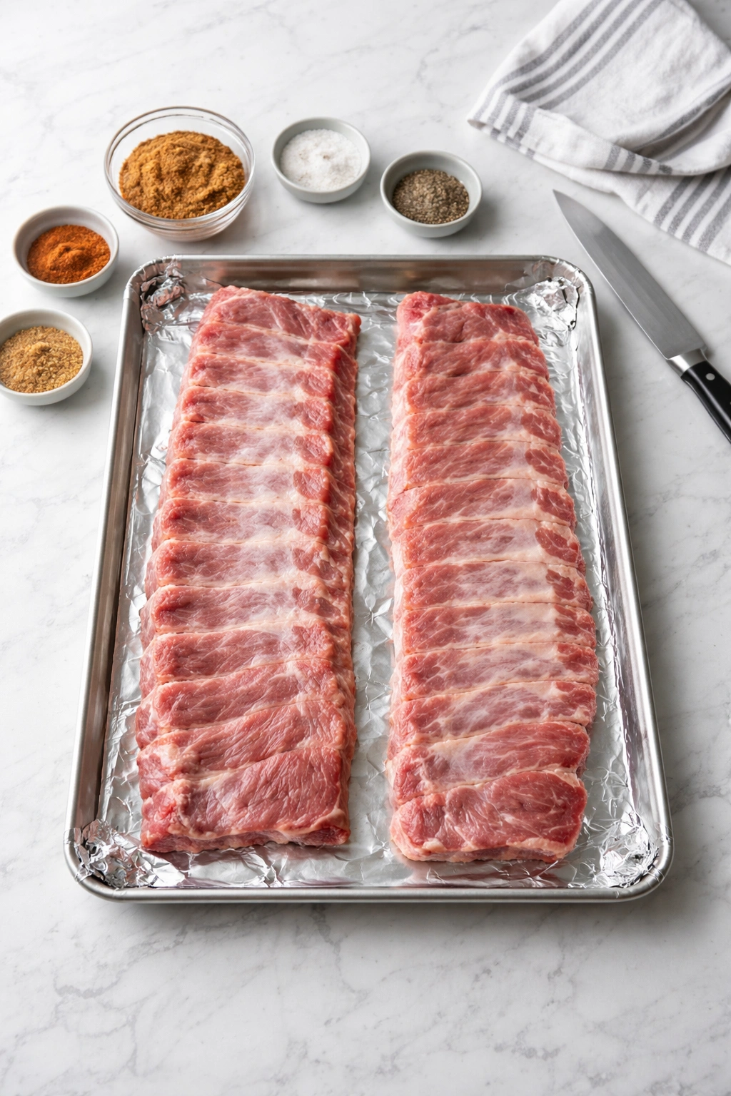 Ribs on foil-lined pan ready for seasoning with prep tools nearby