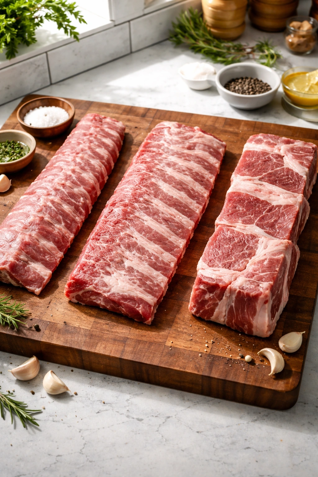Three raw rib slabs on cutting board showing variety in size and bone shape