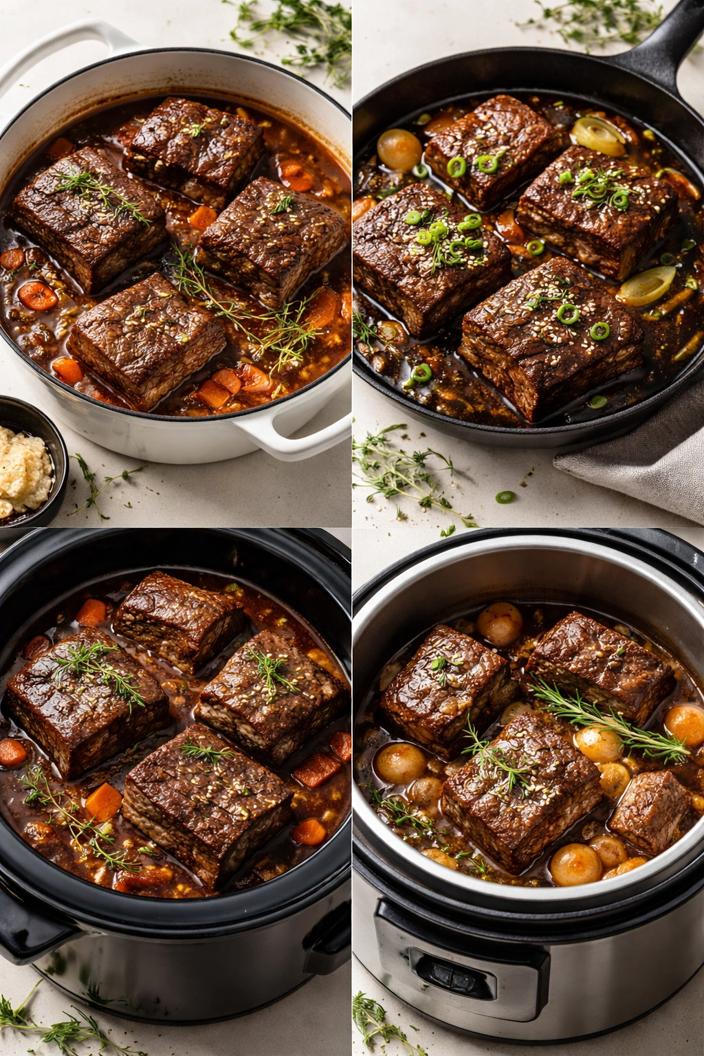 Braised short ribs with glossy sauce in a plain studio setting