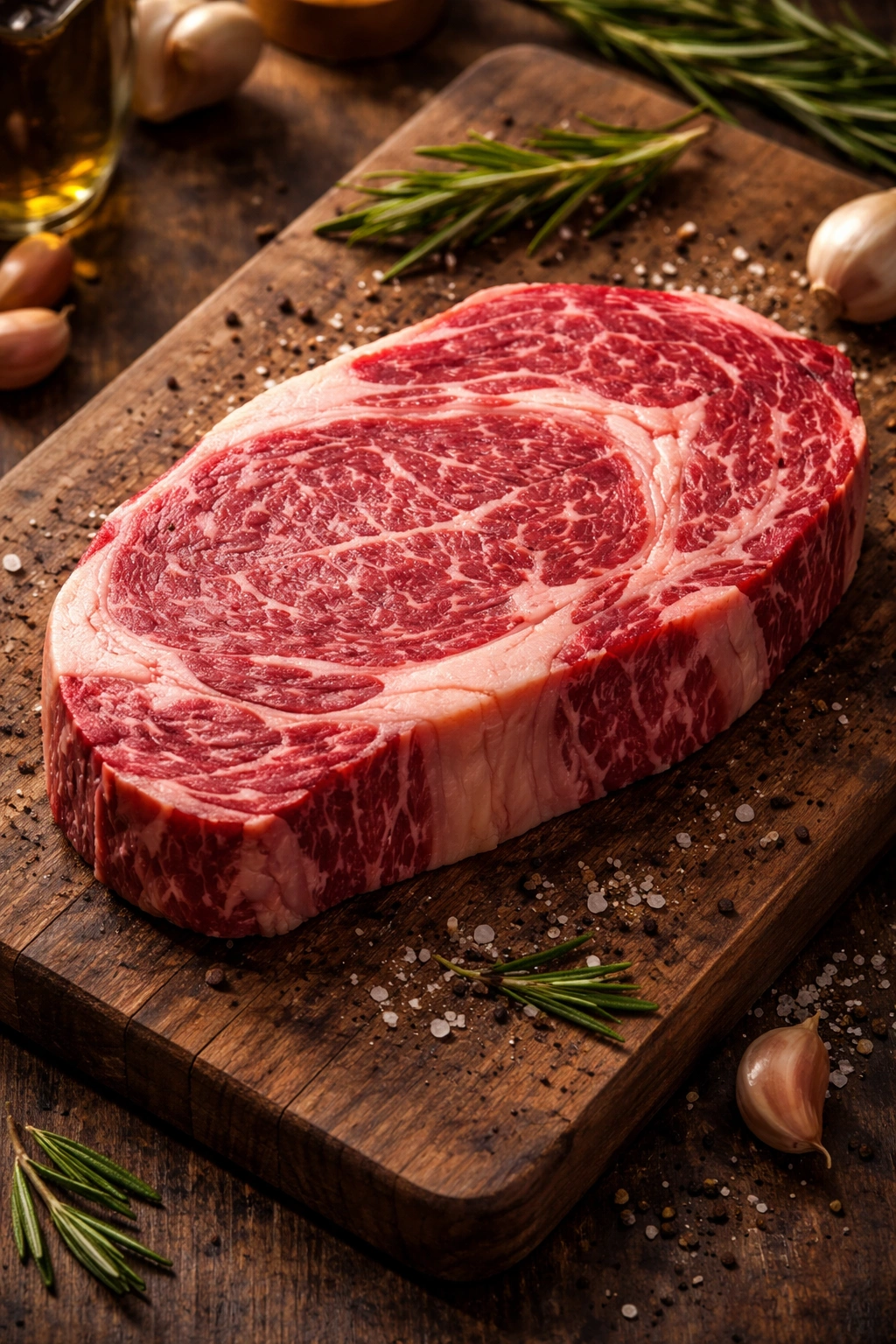 Close-up of a heavily marbled ribeye steak on a wooden board highlighting marbling and color