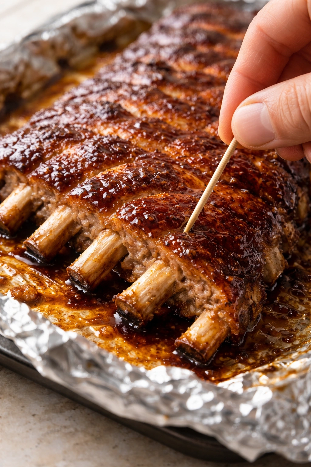 Toothpick test on rib rack indicating doneness