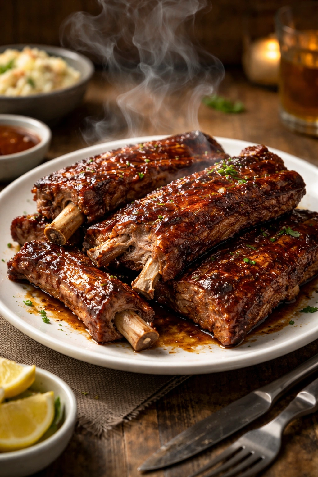 Plate of fall-off-the-bone oven-baked ribs with steam