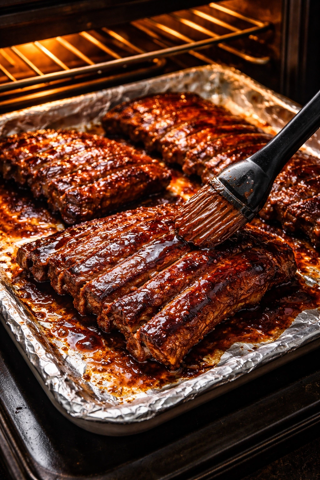 Close-up of ribs with glossy caramelized glaze on foil-lined sheet under broiler