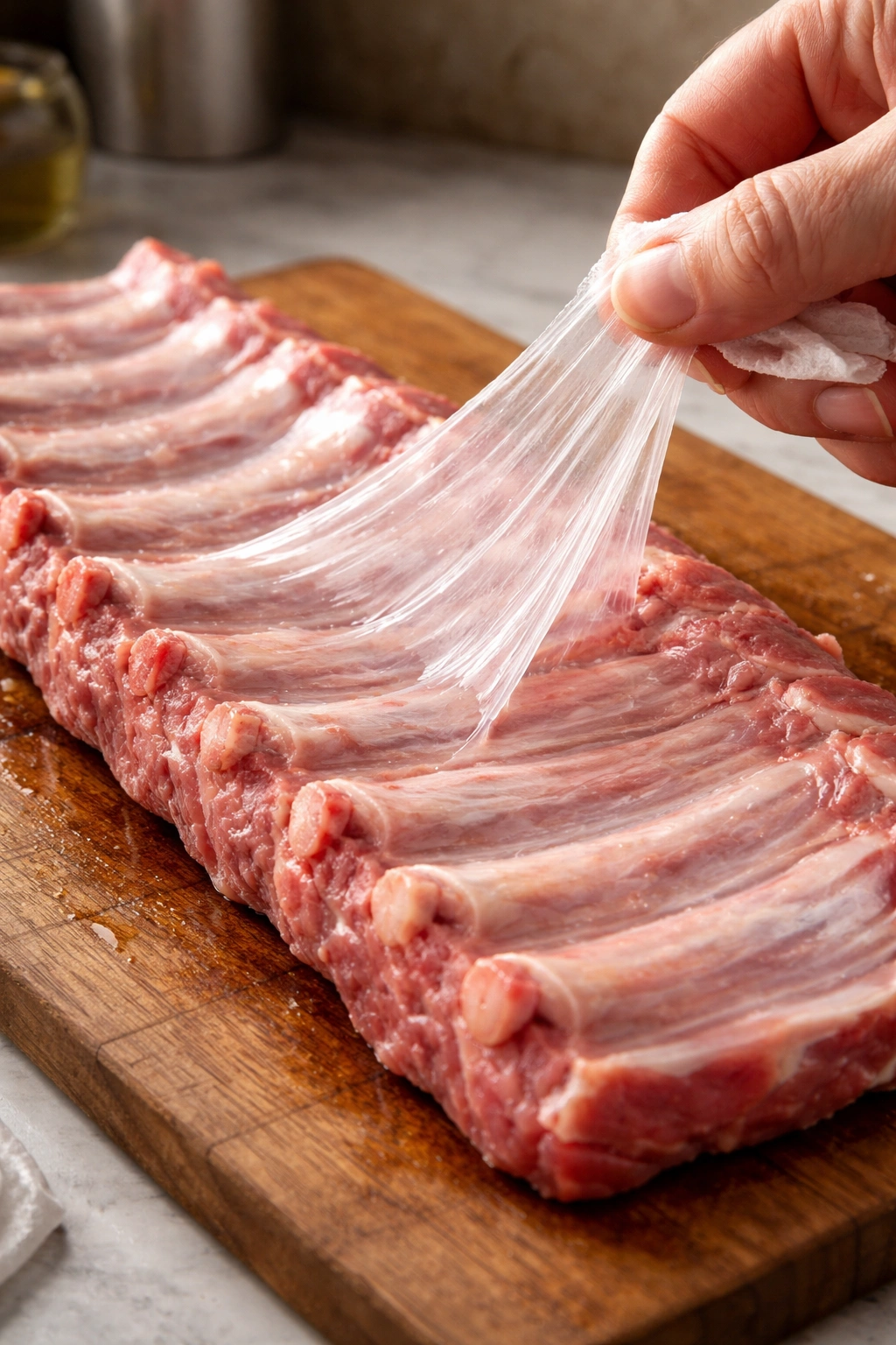Rib membrane being peeled on bone-side
