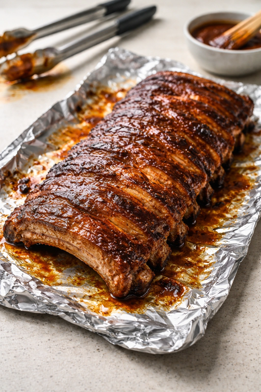Rib rack with uneven glaze and dry edges on a neutral surface