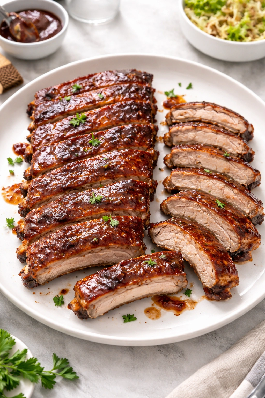 Ribs plated on white plate ready to serve, showcasing even slices