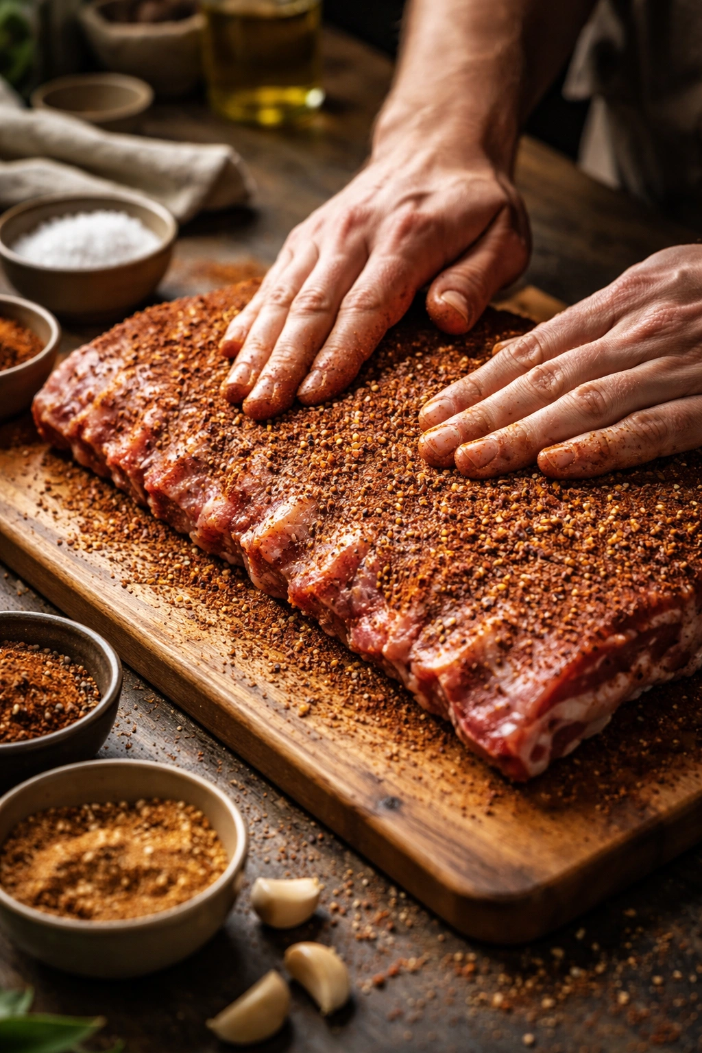 Close-up of raw pork ribs on cutting board with hands applying dry rub