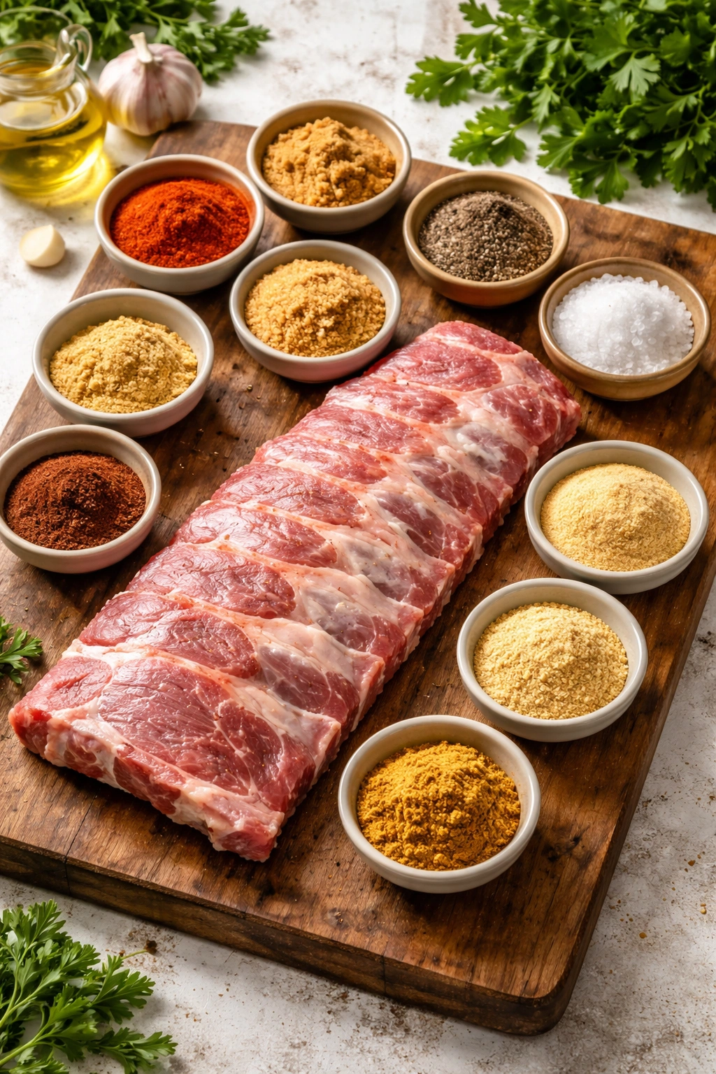 Ribs with bowls of spices like paprika and brown sugar nearby