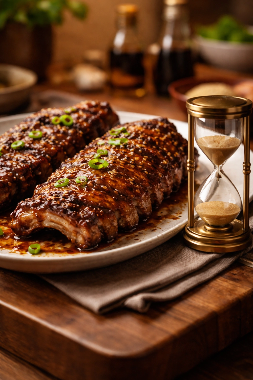 Ribs on plate with an hourglass to symbolize serving and timing