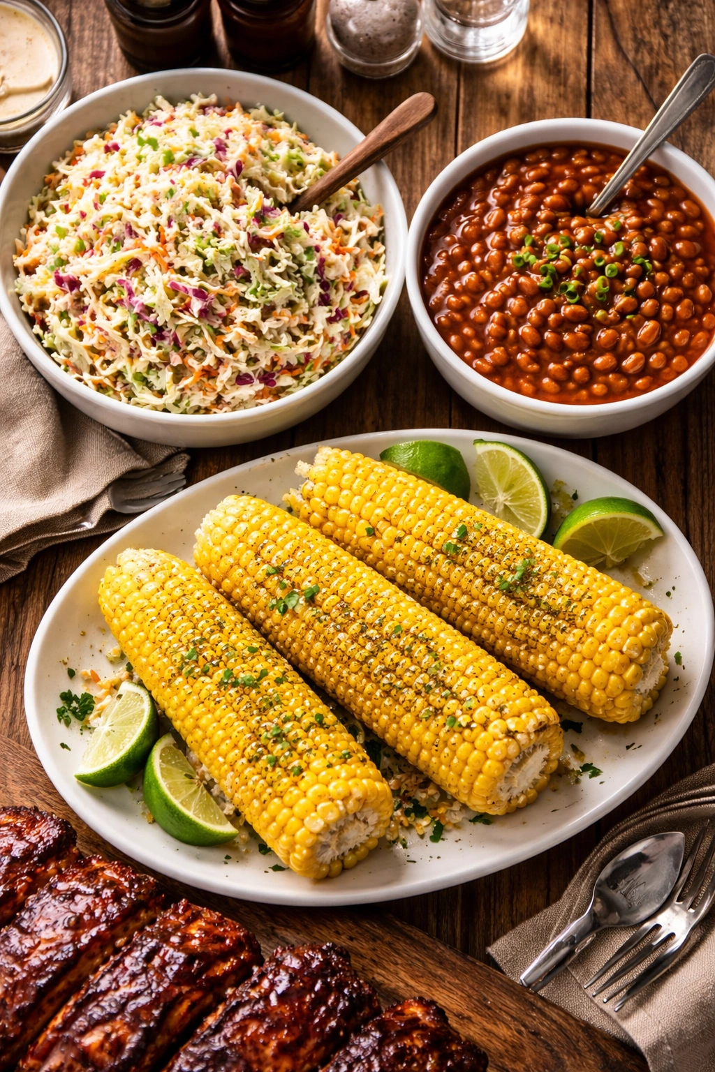 Coleslaw, baked beans, and corn on the cob arranged on a rustic board