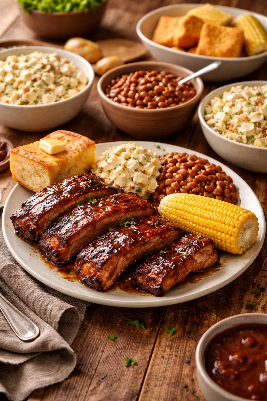 Ribs plated with classic sides on a rustic table