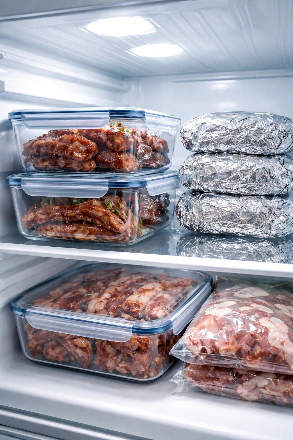 Ribs stored in airtight containers and foil-wrapped packs on a fridge shelf