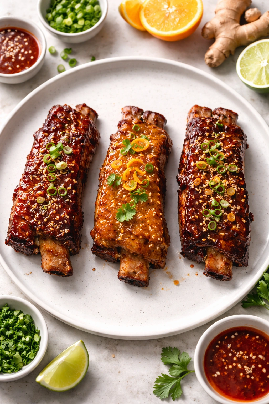 Three glazed ribs showing distinct finishes on a single plate