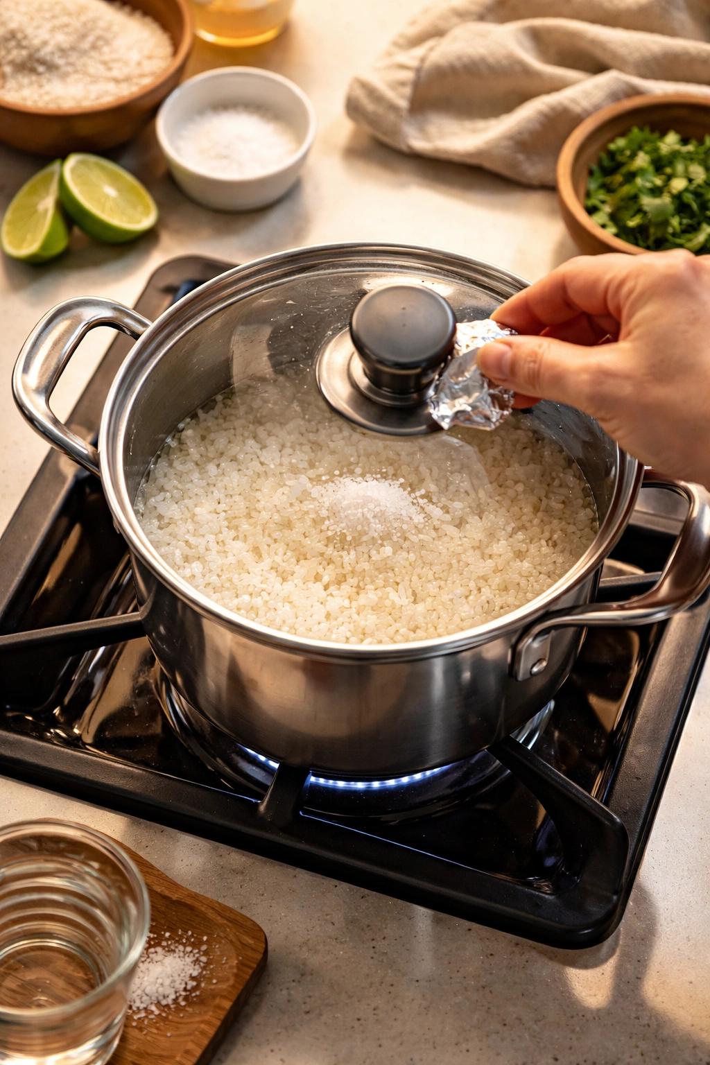 Uncooked rice base in a pot with water and salt, ready to cook