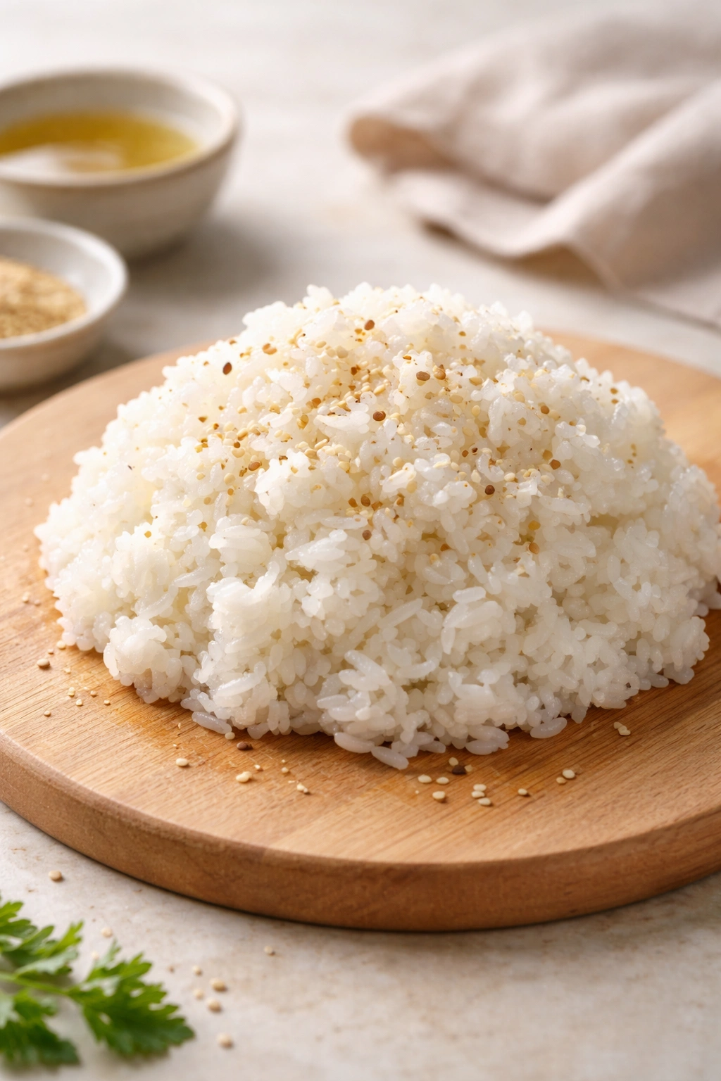 Mounded seasoned sushi rice on a wooden board