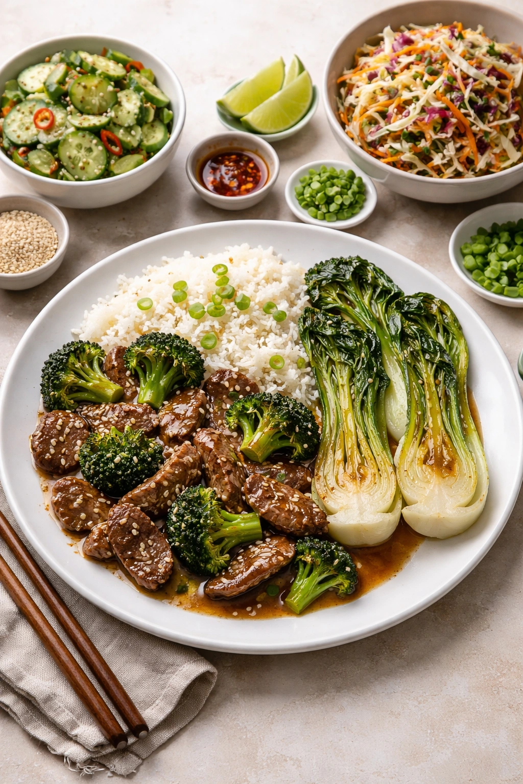 Plate showing beef and broccoli with rice and bok choy on the side.