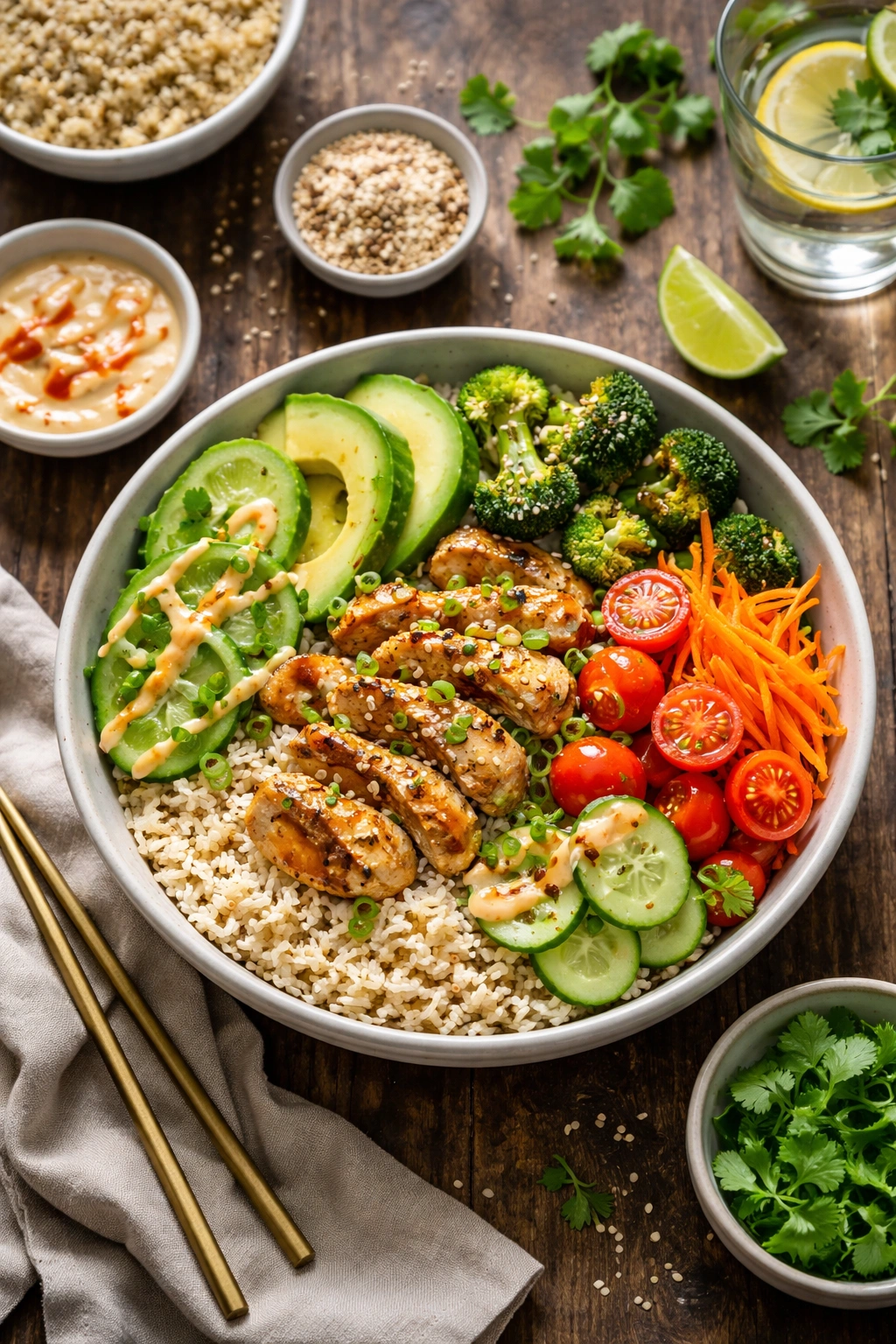 Bowl of rice with colorful toppings on wooden table