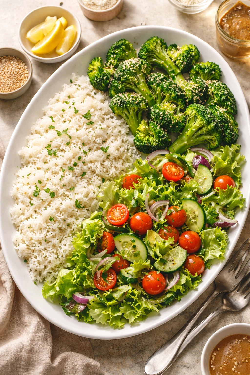 Plate featuring jasmine rice, broccoli, and greens as ideal side dishes for salmon