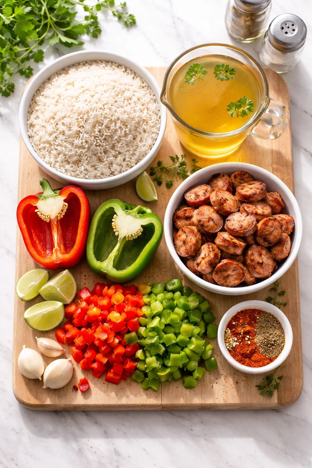 Top-down arrangement of key ingredients rice broth peppers and sausage