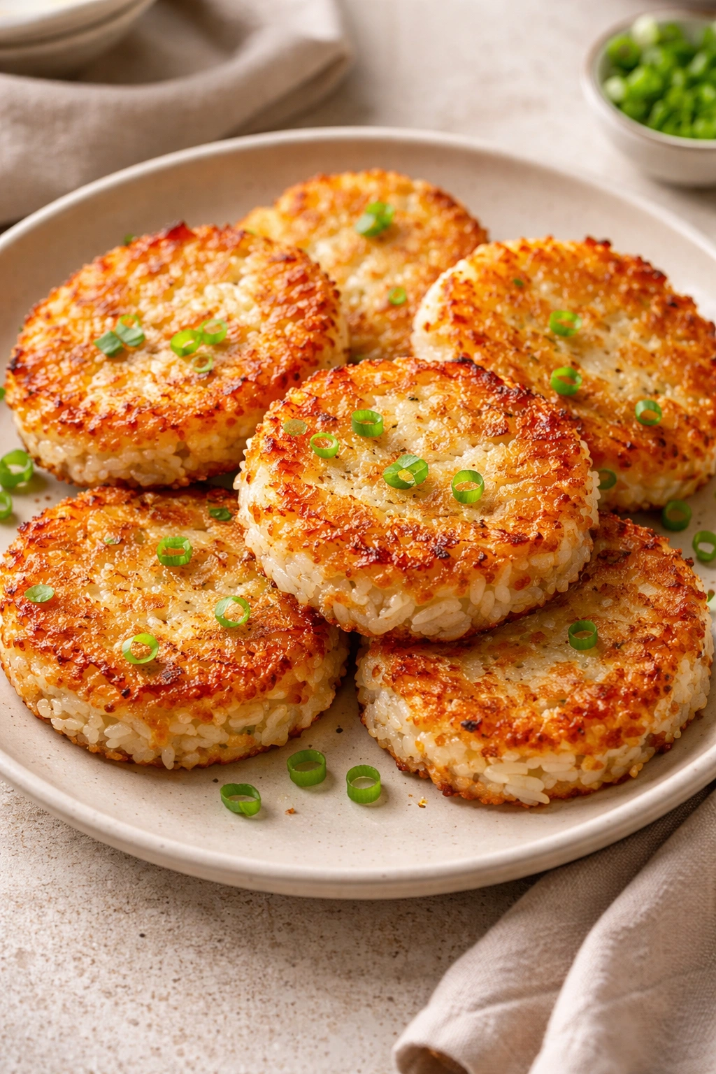 Golden crispy-edged rice cakes arranged on a plate