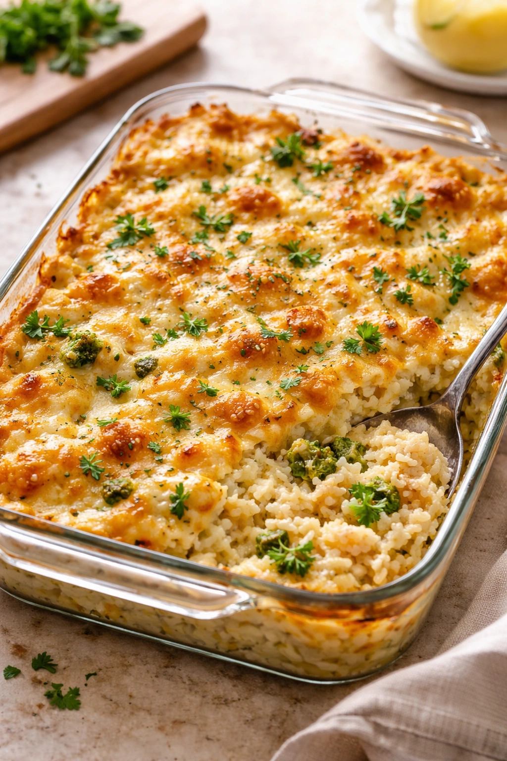 Creamy cheesy rice casserole bubbling with a golden crust in a glass dish