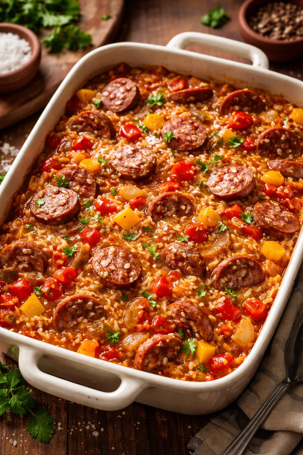 Sausage and rice casserole in a shallow baking dish