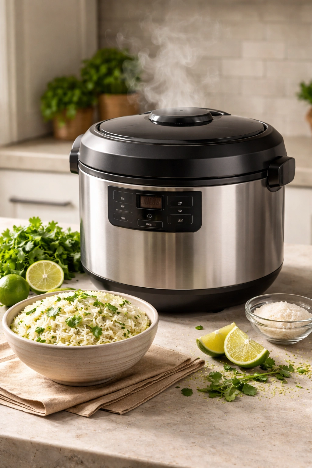 Close-up of a modern rice cooker on a countertop with light steam.