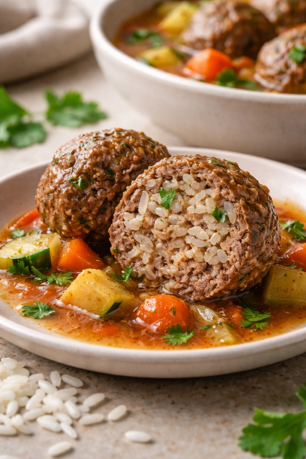 Cross-section showing rice grains inside a meatball