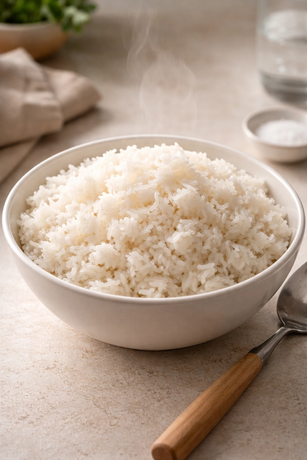 Fluffy white rice in a white bowl with steam