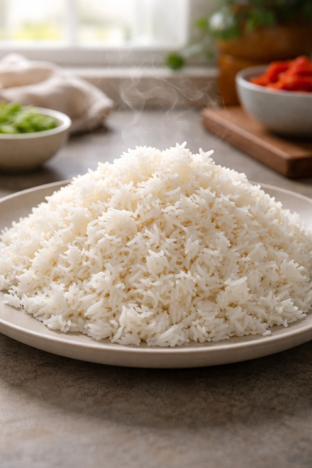 Fluffy jasmine rice mound steaming in a neutral dish