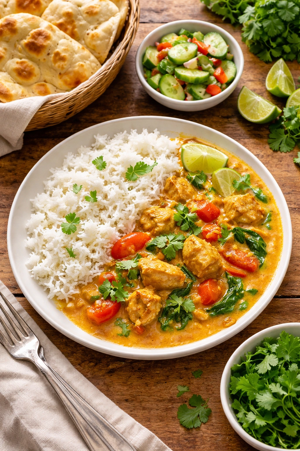 Plate with jasmine rice and curry on the side