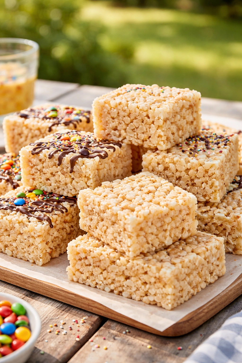 Rice Krispie treats cut into squares on a table outdoors