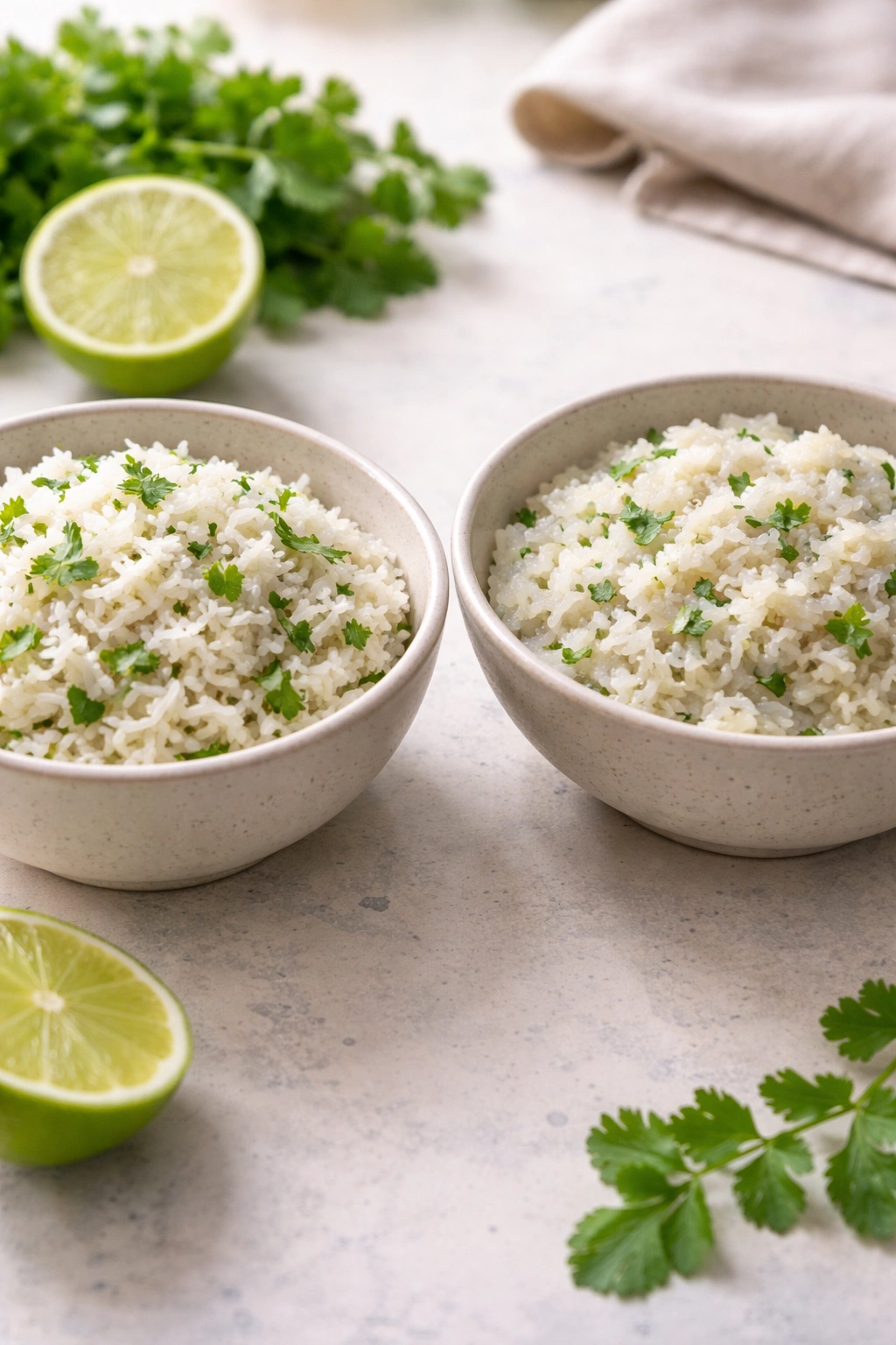 Two bowls show fluffy vs gummy rice textures with a lime, illustrating common mistakes