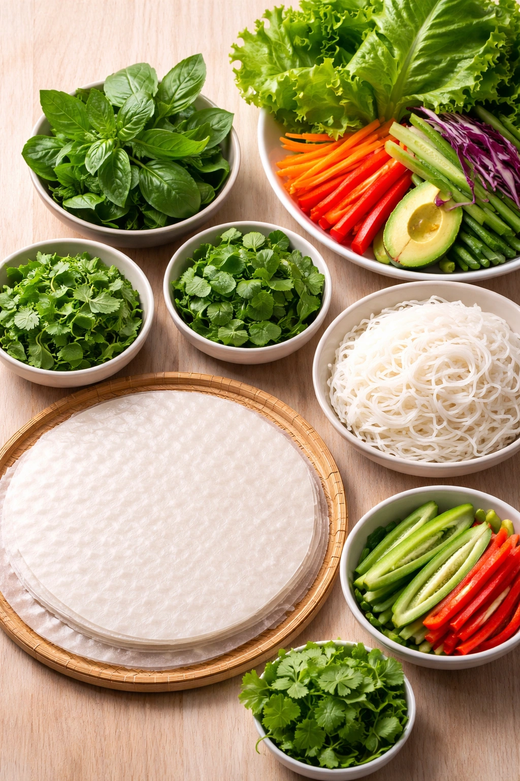 Assorted essential ingredients for rice paper spring rolls: rice paper, herbs, vermicelli, vegetables