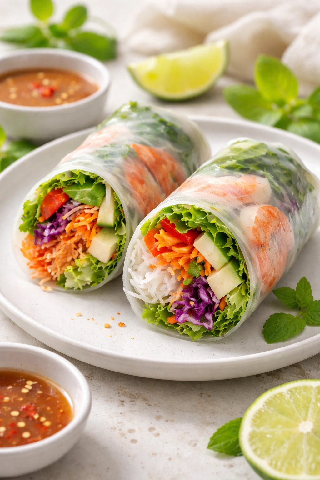 Rice paper rolls sliced to show colorful fillings inside.