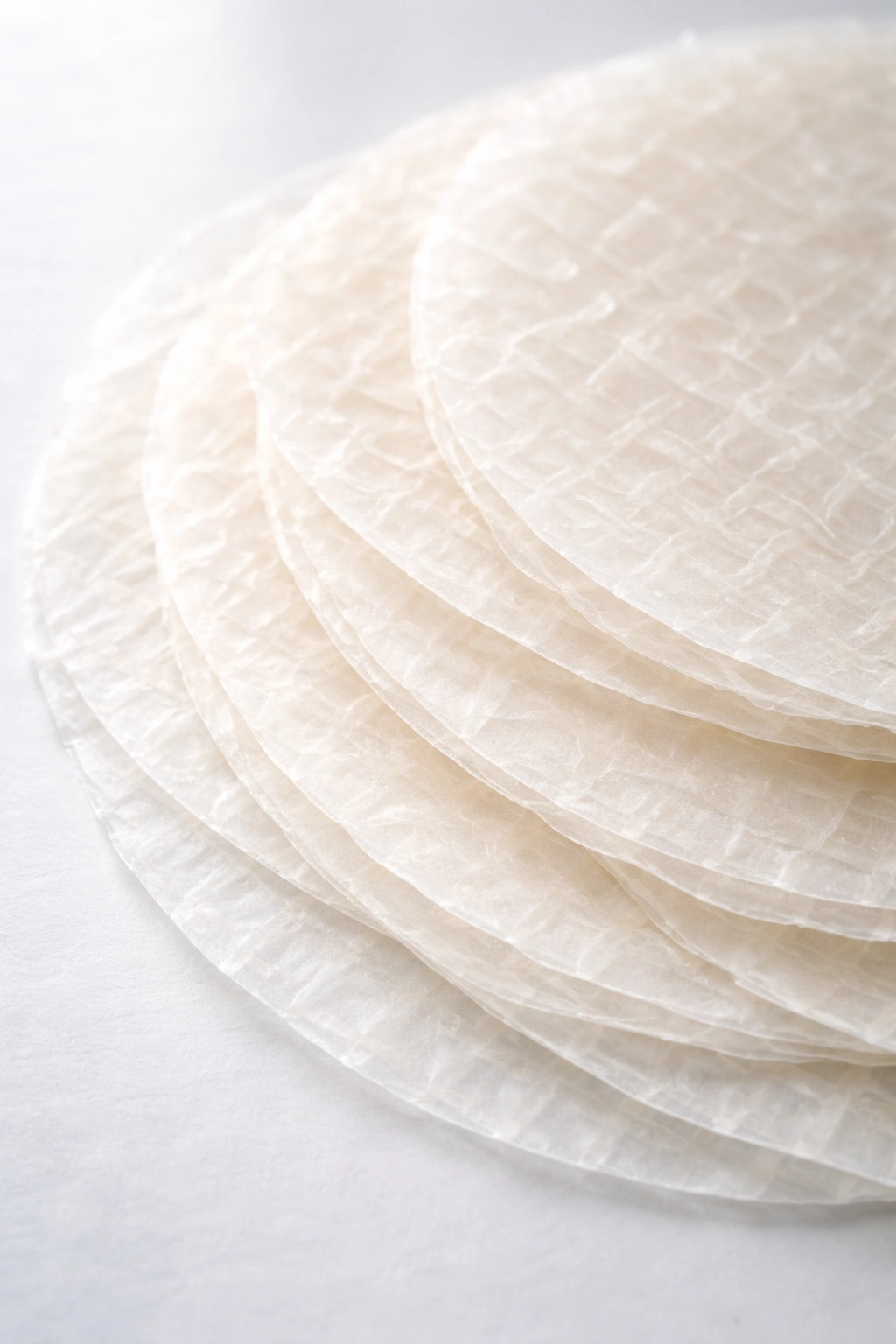 Close-up of dry rice paper sheets showing papery texture on white surface