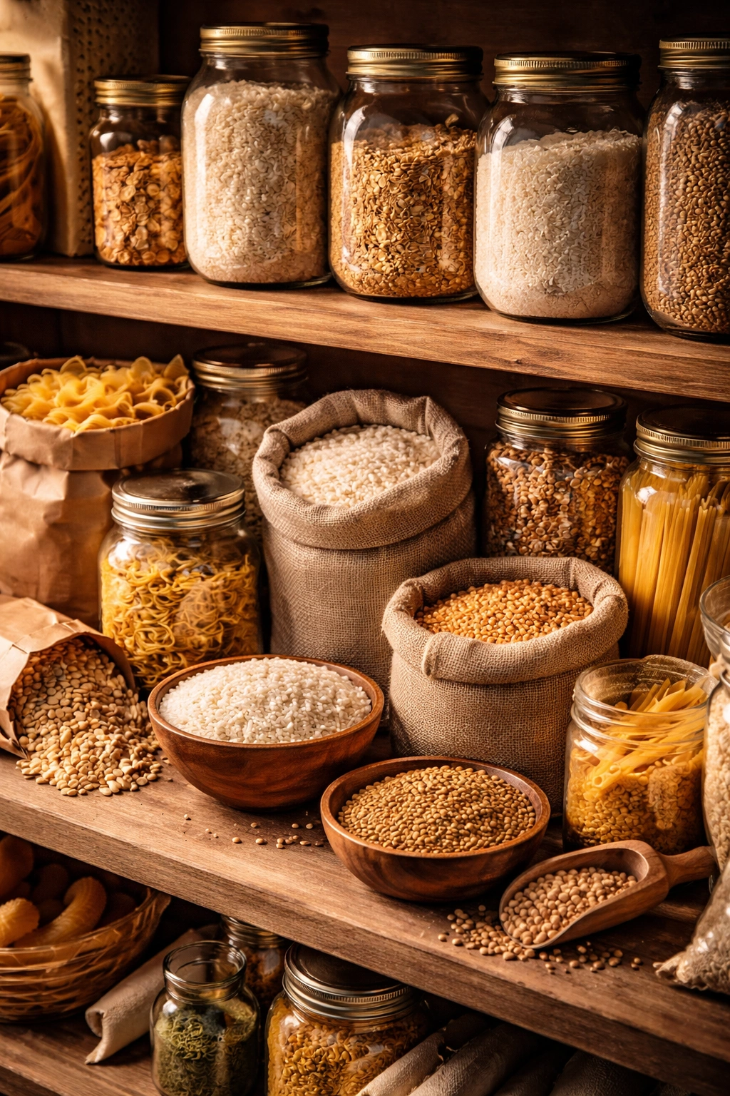 Shelf featuring rice, pasta, and other grains in unlabeled containers
