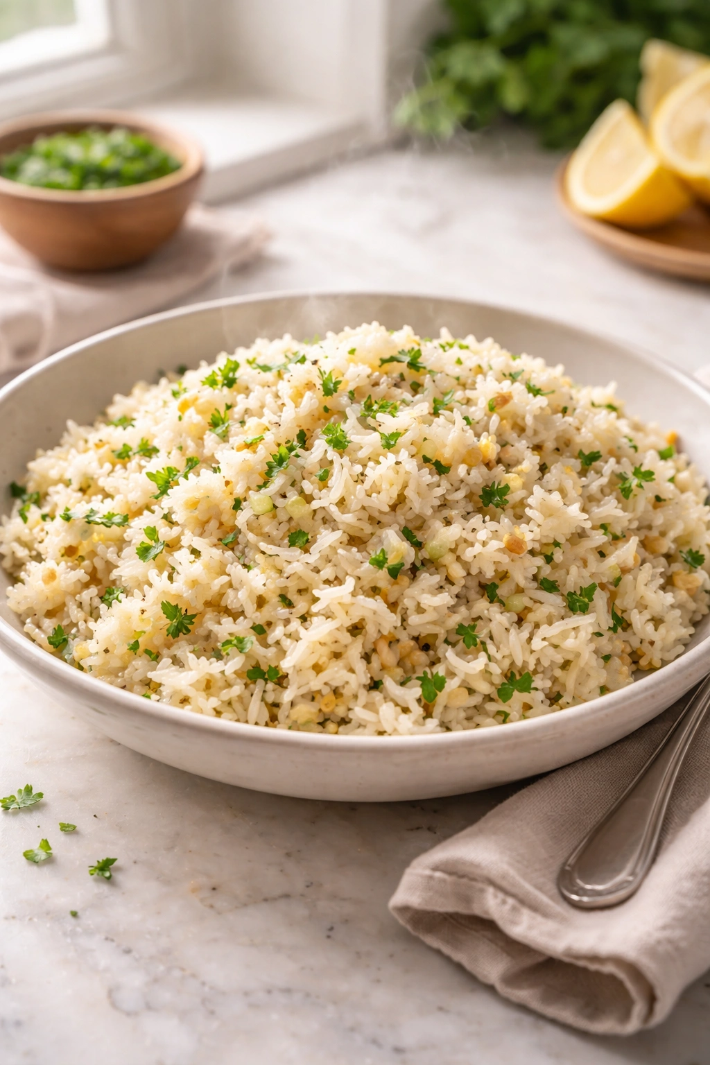 Fluffy rice pilaf with onion and herbs in a bowl
