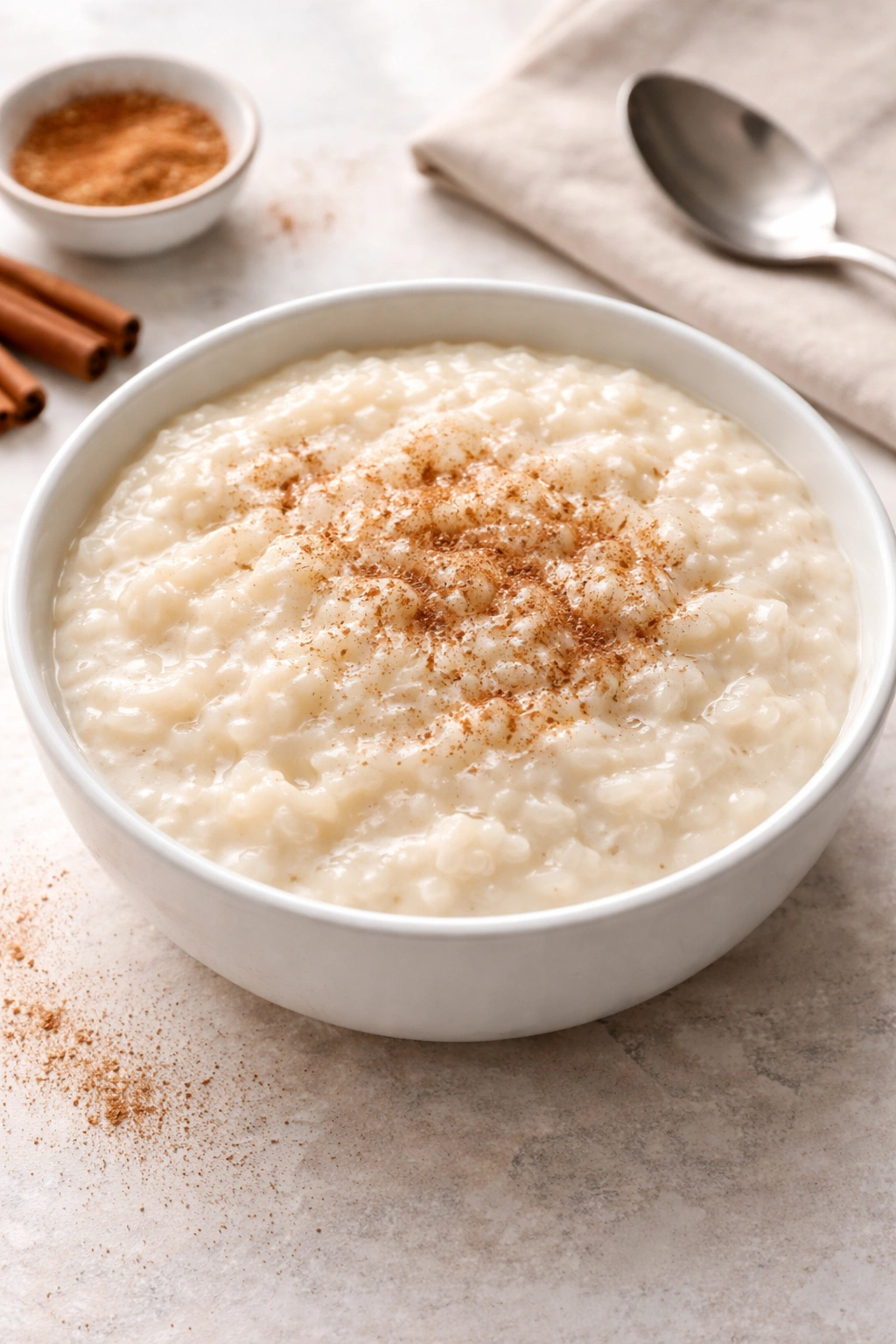 Creamy rice pudding in a white bowl with cinnamon dusting