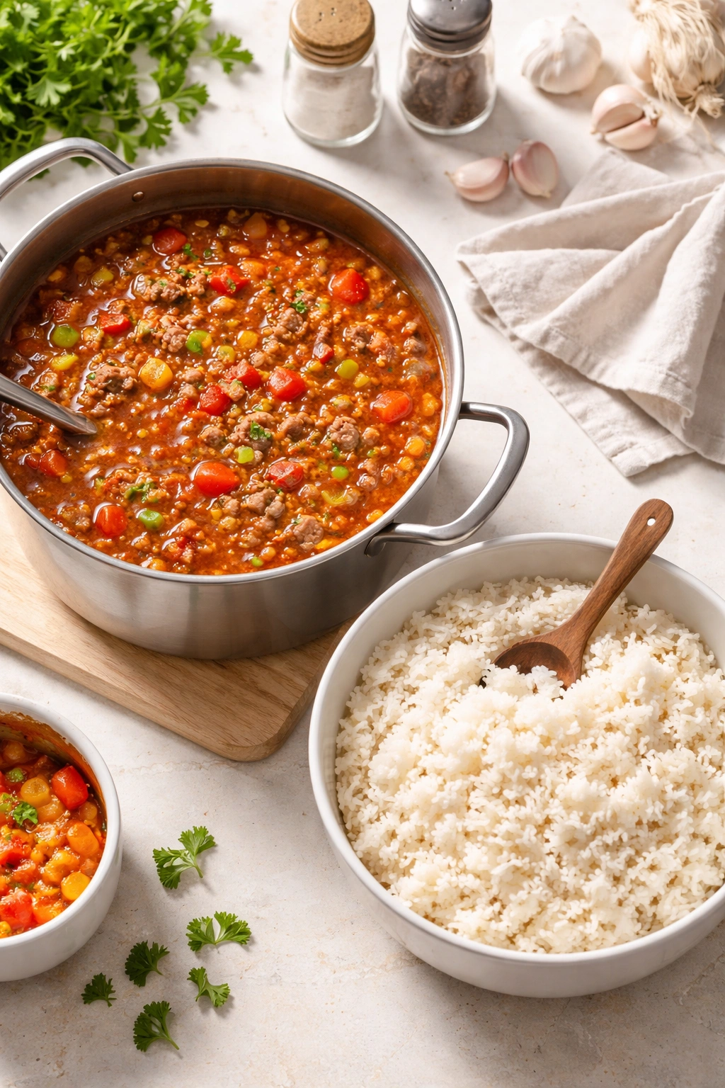 Soup and rice stored separately in containers to illustrate the technique