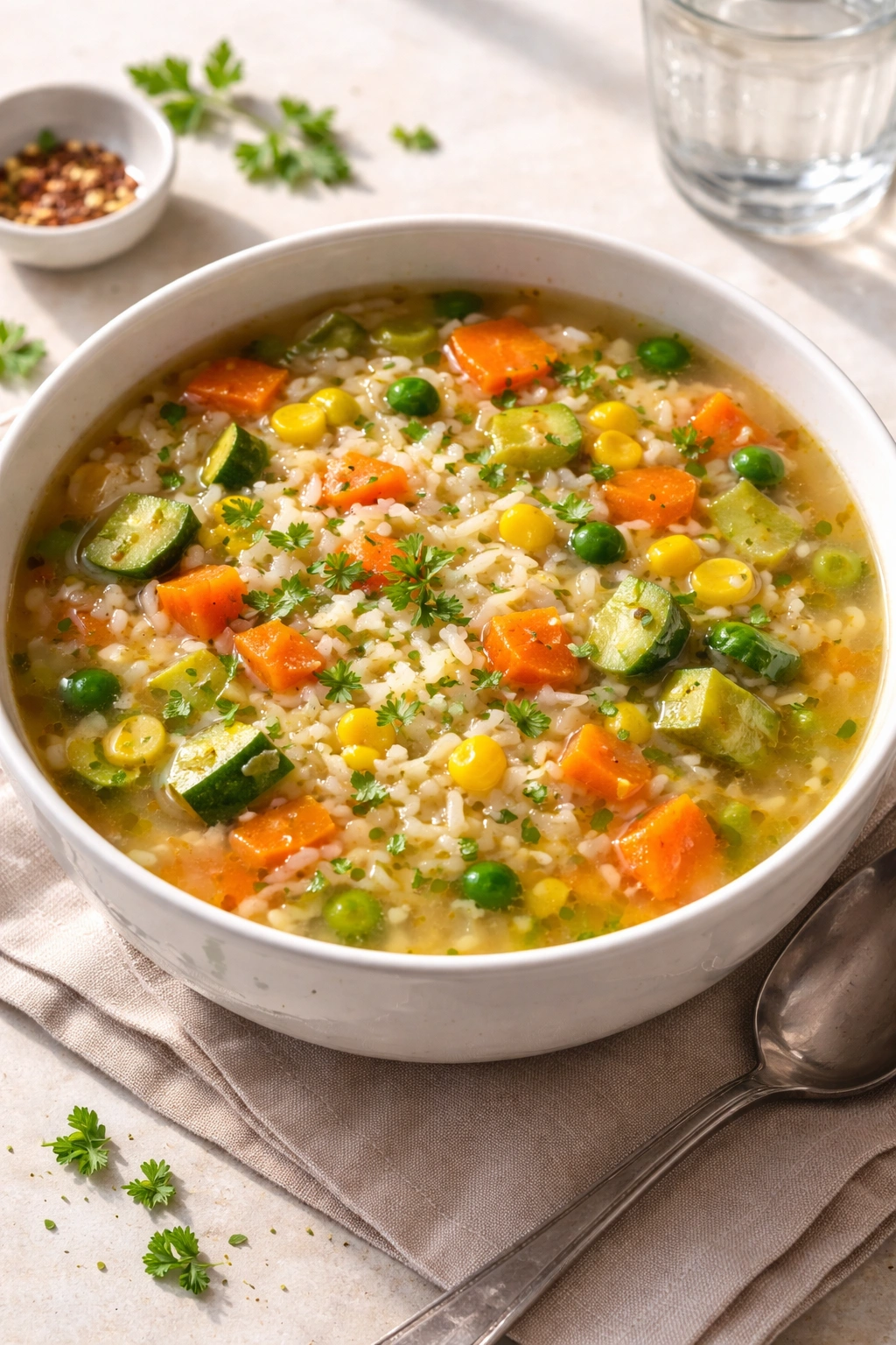 Bowl of rice soup with vegetables and broth
