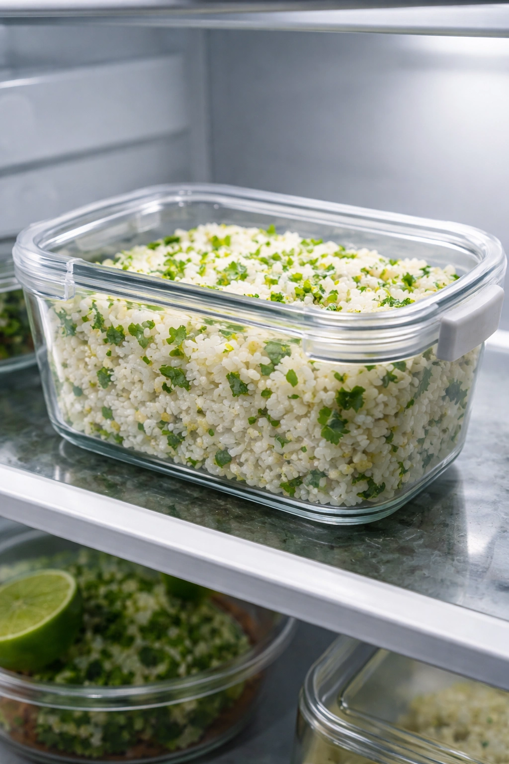 Airtight container of cilantro lime rice in the fridge.