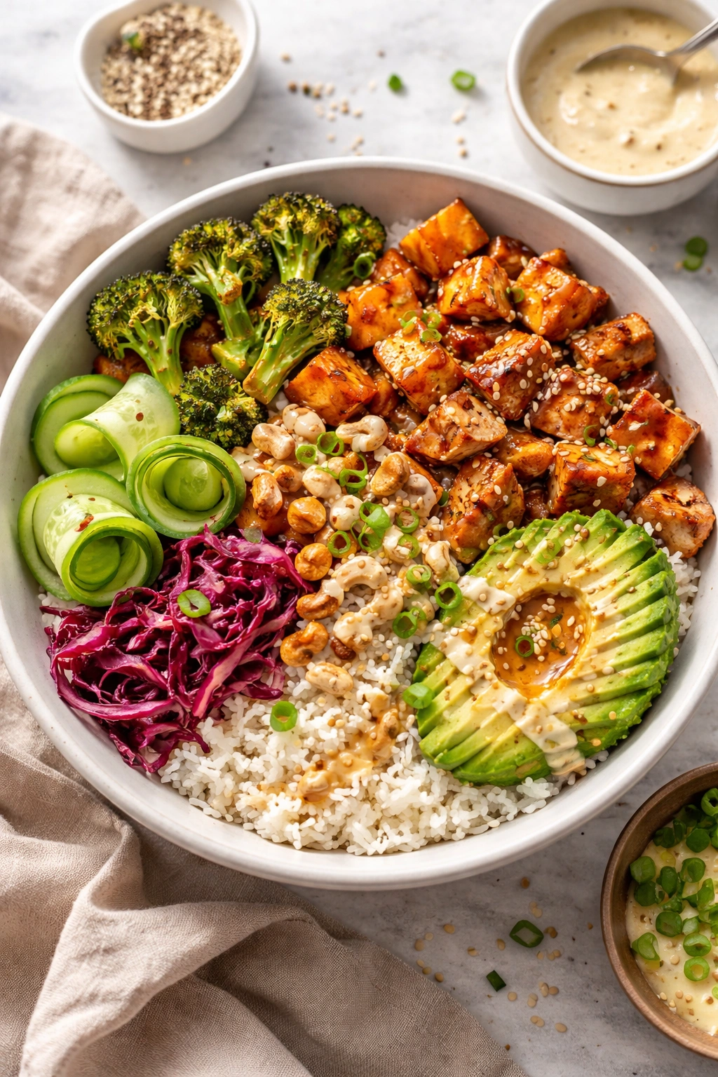 Grain bowl with rice, protein, roasted vegetables and sauce